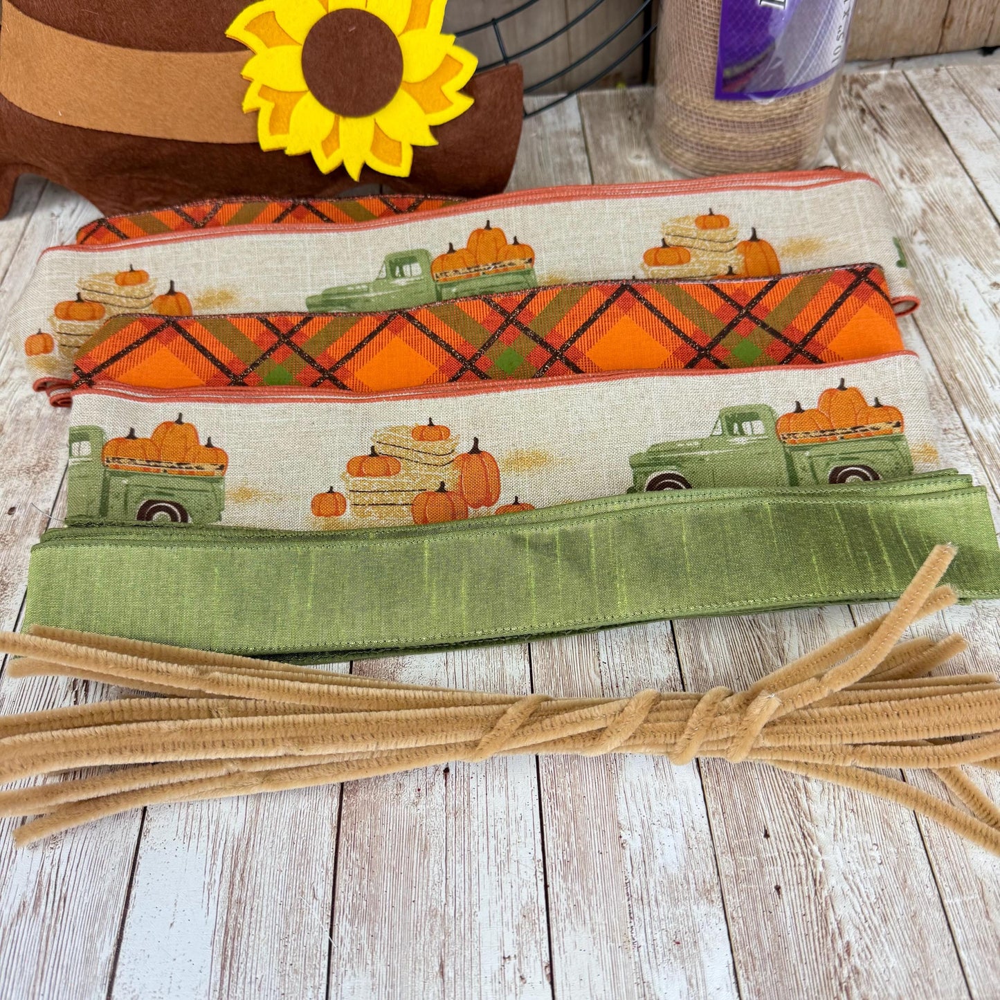 Fall Thin Wreath Kit, Scarecrow Pumpkin Pickup Truck Wreath Kit WITH VIDEO, Orange and Green Fall Pancake Wreath Kit, Fall Ribbon Mesh Kit