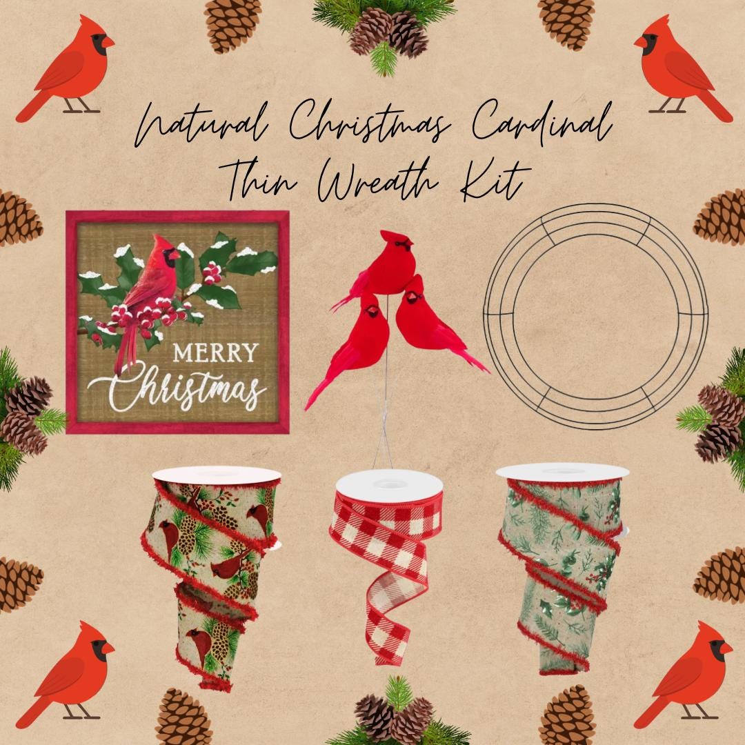 Cardinal Wreath Kit, Thin Snowy Cardinal Wreath Kit, Do It Yourself Holiday Wreath Kit, Rustic Snowy Cardinal Ribbon Mesh and Sign Bundle