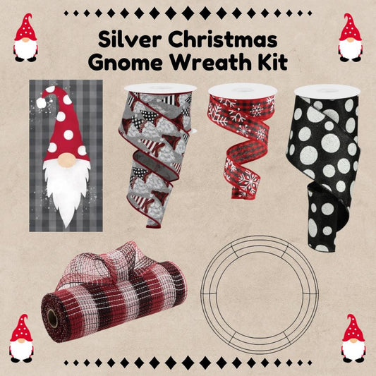Holiday Wreath Kit, Thin Christmas Gnome Wreath Kit, Do It Yourself Christmas Wreath Kit, Red and Silver Gnome Ribbon Mesh and Sign Bundle