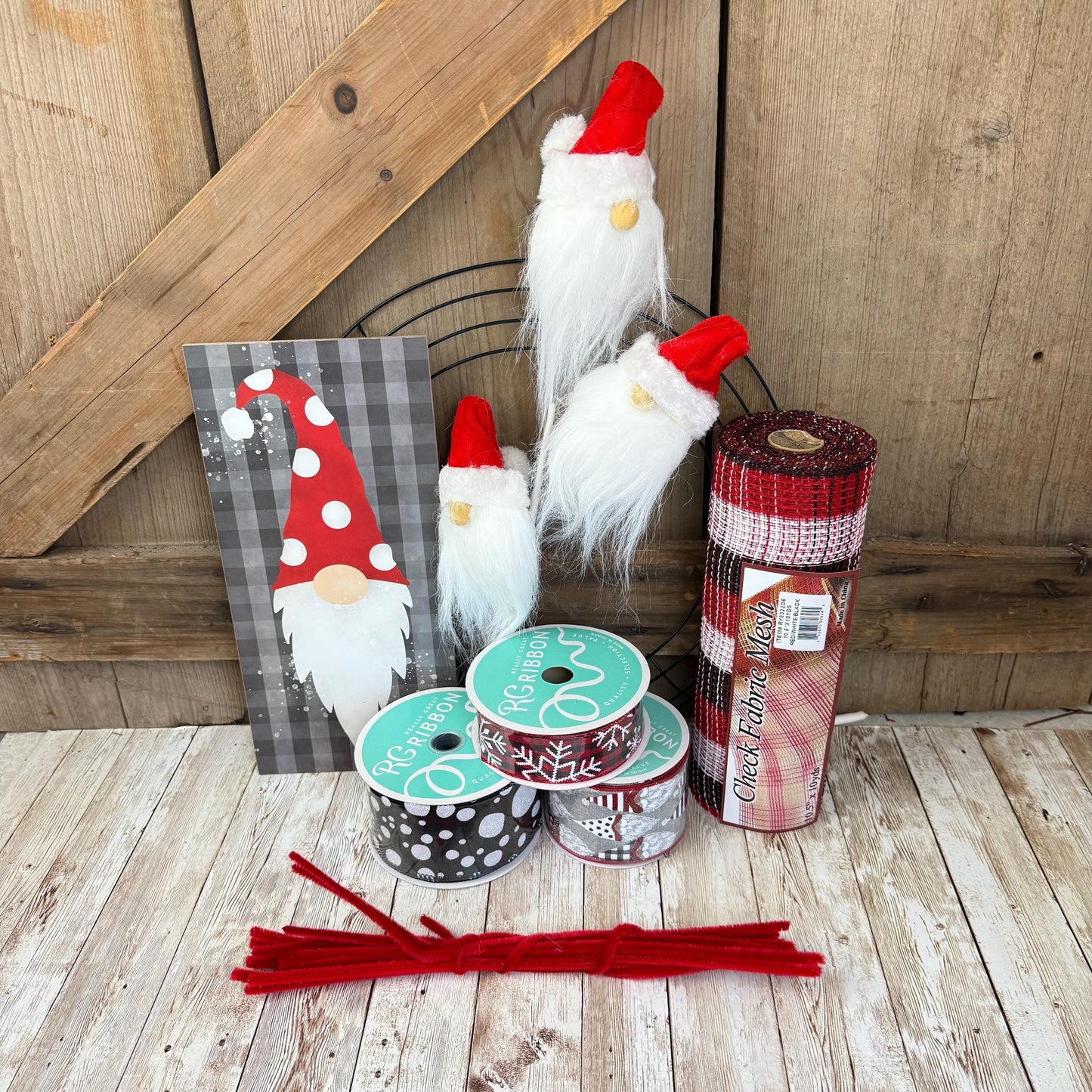 Holiday Wreath Kit, Thin Christmas Gnome Wreath Kit, Do It Yourself Christmas Wreath Kit, Red and Silver Gnome Ribbon Mesh and Sign Bundle