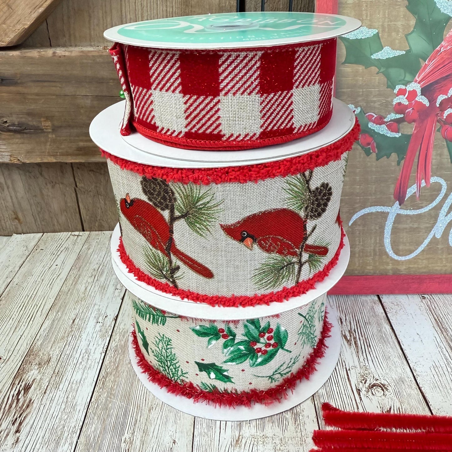Cardinal Wreath Kit, Thin Snowy Cardinal Wreath Kit, Do It Yourself Holiday Wreath Kit, Rustic Snowy Cardinal Ribbon Mesh and Sign Bundle
