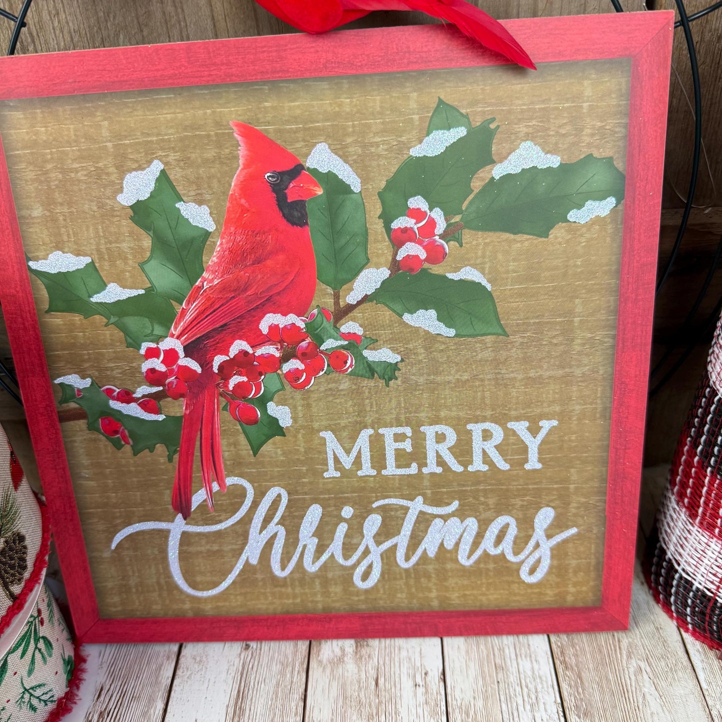 Cardinal Wreath Kit, Thin Snowy Cardinal Wreath Kit, Do It Yourself Holiday Wreath Kit, Rustic Snowy Cardinal Ribbon Mesh and Sign Bundle