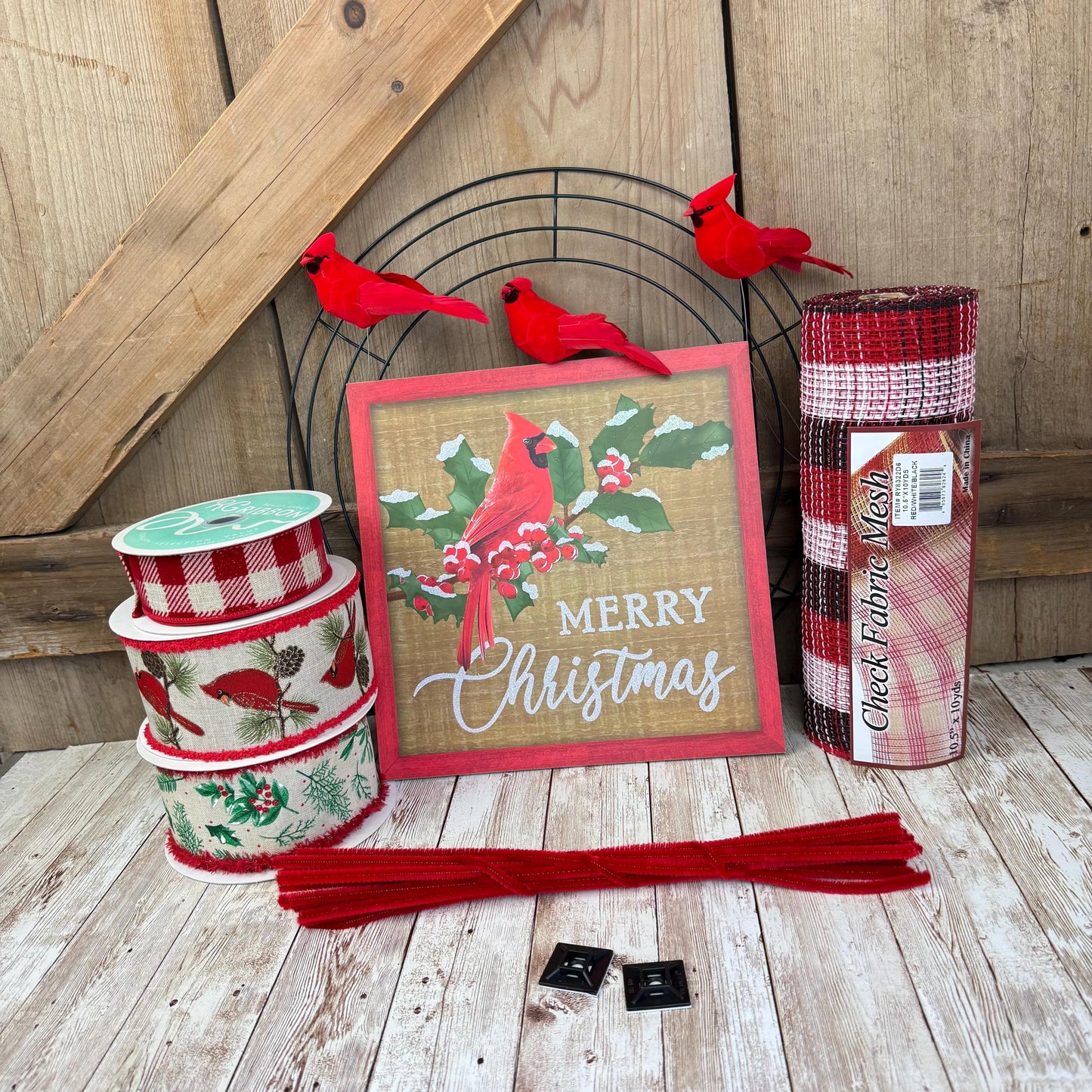Cardinal Wreath Kit, Thin Snowy Cardinal Wreath Kit, Do It Yourself Holiday Wreath Kit, Rustic Snowy Cardinal Ribbon Mesh and Sign Bundle