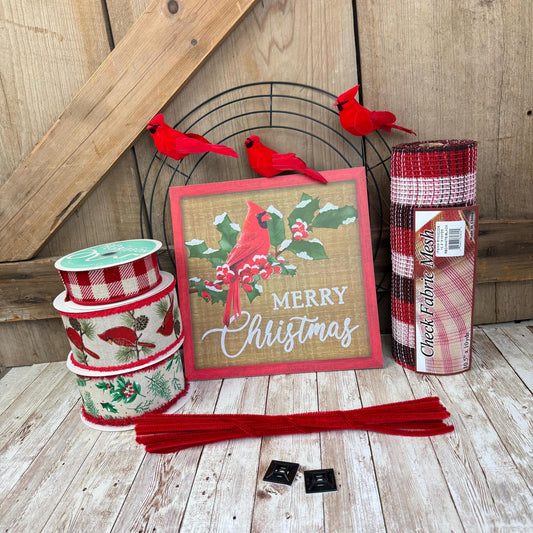 Cardinal Wreath Kit, Thin Snowy Cardinal Wreath Kit, Do It Yourself Holiday Wreath Kit, Rustic Snowy Cardinal Ribbon Mesh and Sign Bundle