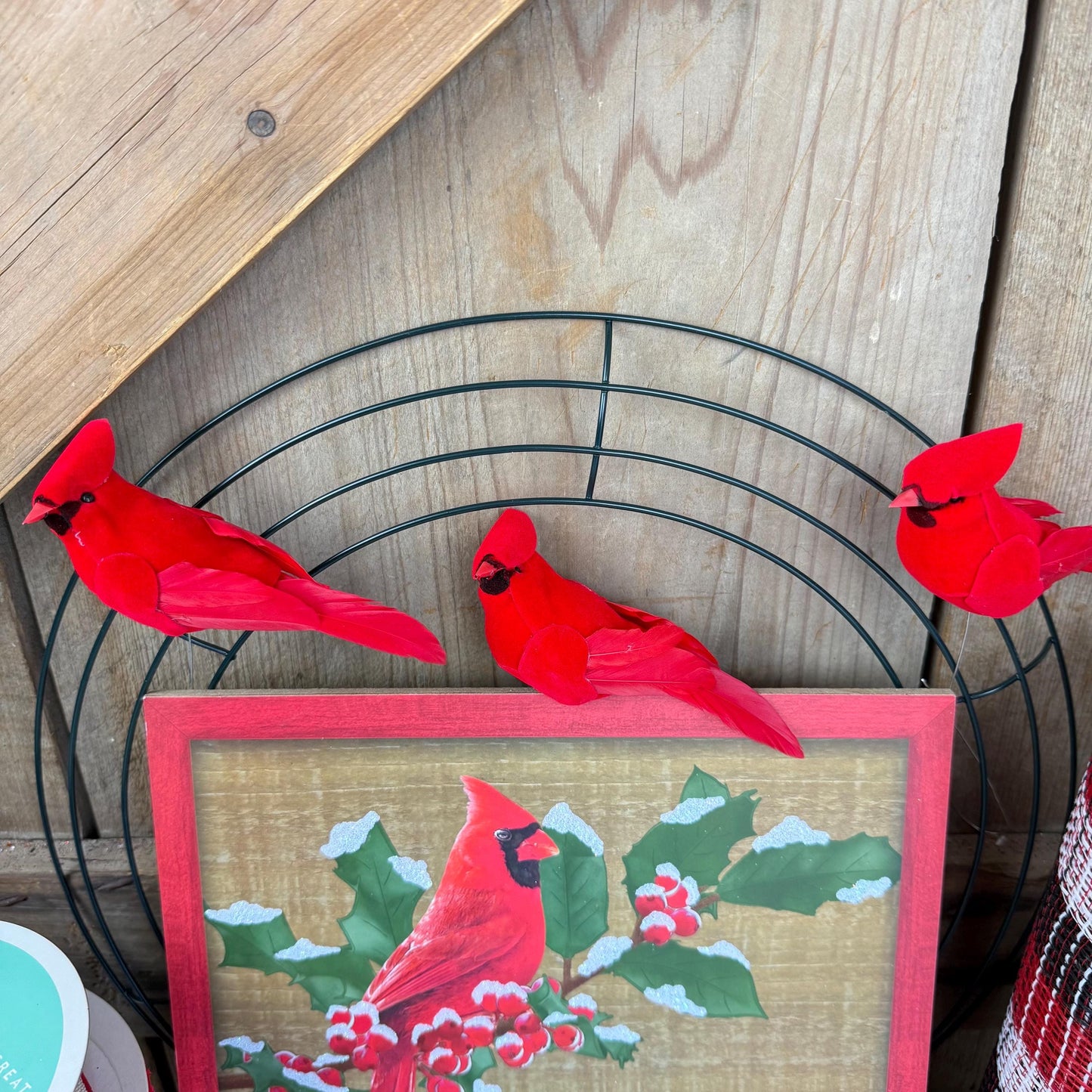 Cardinal Wreath Kit, Thin Snowy Cardinal Wreath Kit, Do It Yourself Holiday Wreath Kit, Rustic Snowy Cardinal Ribbon Mesh and Sign Bundle