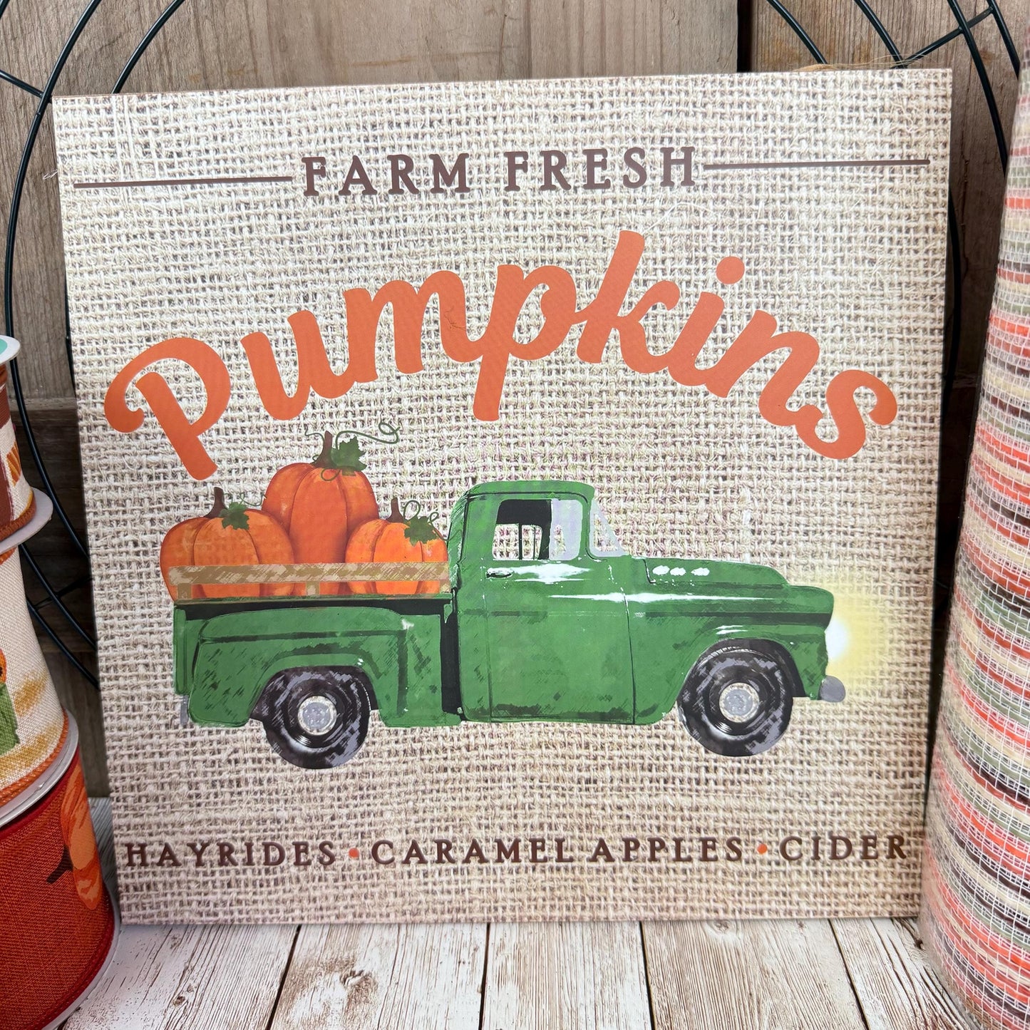 Fall Thin Wreath Kit, Pumpkin Pickup Truck Wreath Kit, Orange and Green Fall Pancake Wreath Kit, Ribbon Mesh and Wreath Frame Kit for Fall
