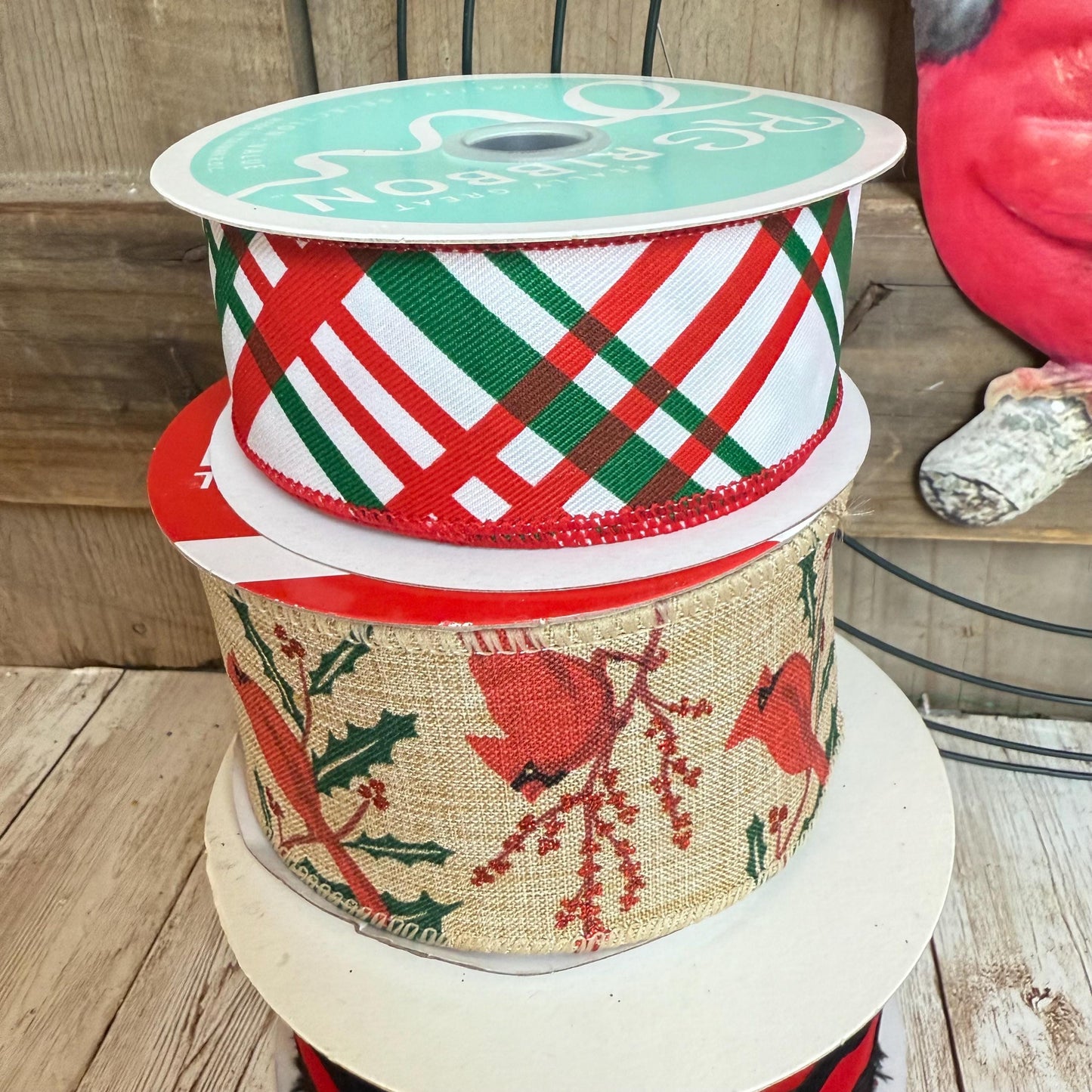 Cardinal Wreath Kit, Thin Rustic Cardinal Wreath Kit, Do It Yourself Holiday Wreath Kit, Embossed Cardinal Sign Ribbon Frame and Mesh Bundle