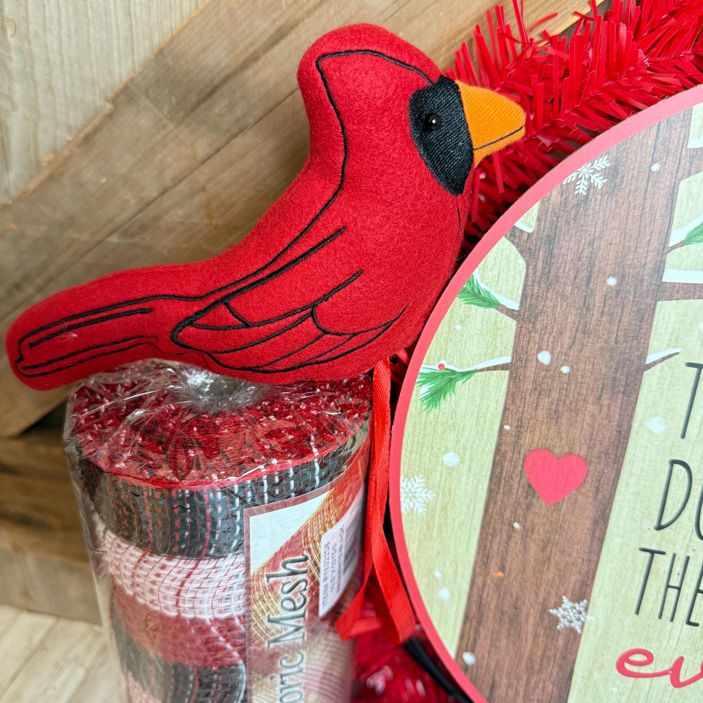 Cardinal Wreath Kit, Large Snowy Cardinal Wreath Kit, Do It Yourself Holiday Wreath Kit, Rustic Snowy Cardinal Ribbon Mesh and Sign Bundle