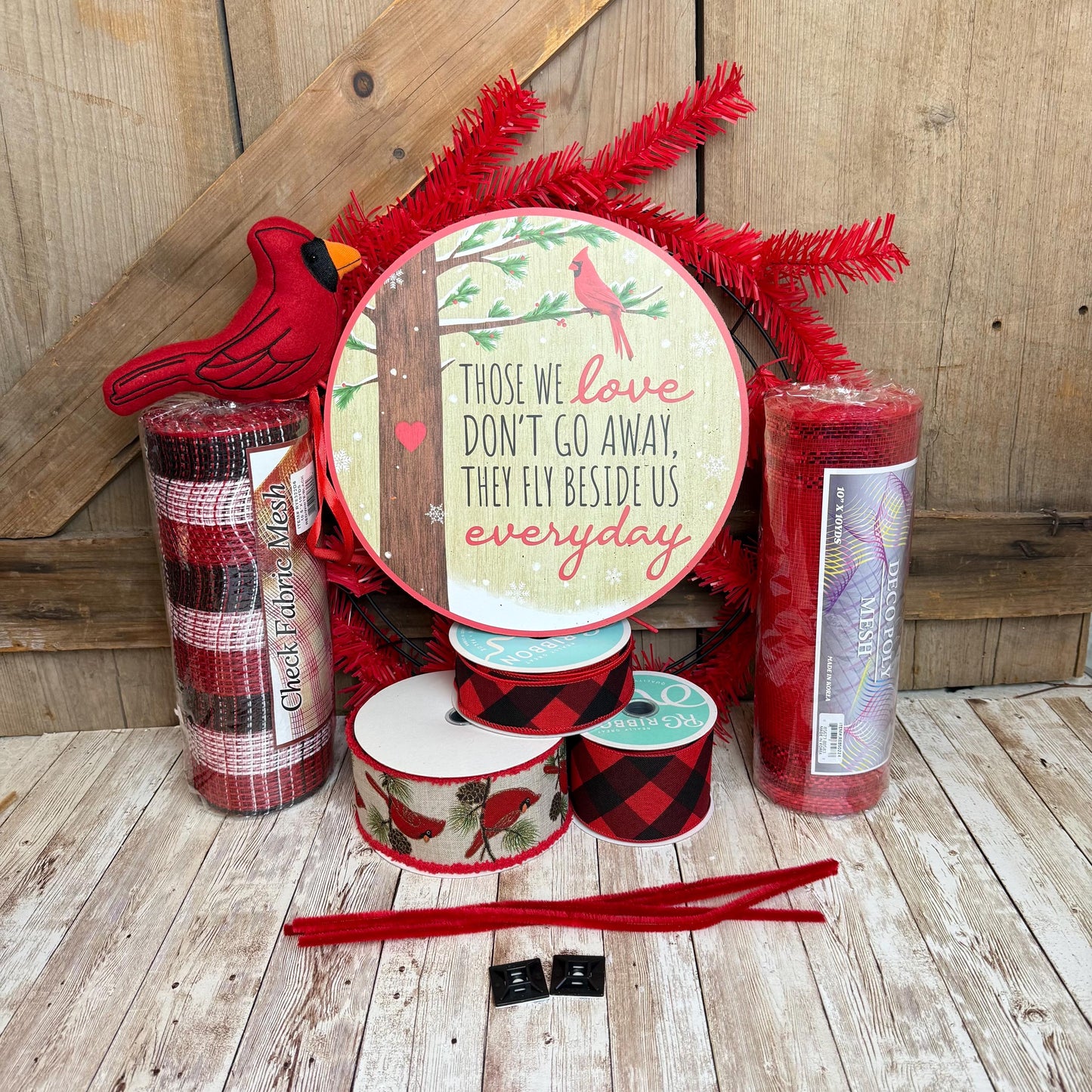 Cardinal Wreath Kit, Large Snowy Cardinal Wreath Kit, Do It Yourself Holiday Wreath Kit, Rustic Snowy Cardinal Ribbon Mesh and Sign Bundle