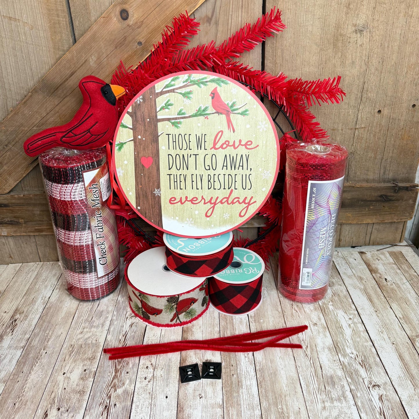 Cardinal Wreath Kit, Large Snowy Cardinal Wreath Kit, Do It Yourself Holiday Wreath Kit, Rustic Snowy Cardinal Ribbon Mesh and Sign Bundle