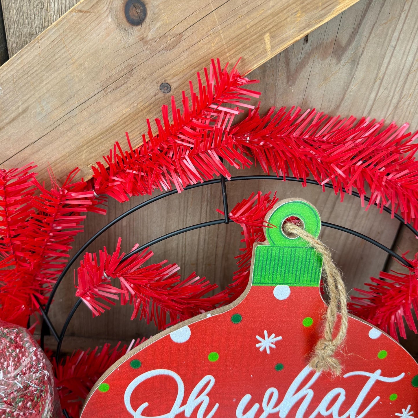 Christmas Wreath Kit, Vintage Ornament Wreath Kit, Do It Yourself Holiday Wreath Kit, Oh What Fun Green Red Ribbon Mesh and Sign Bundle