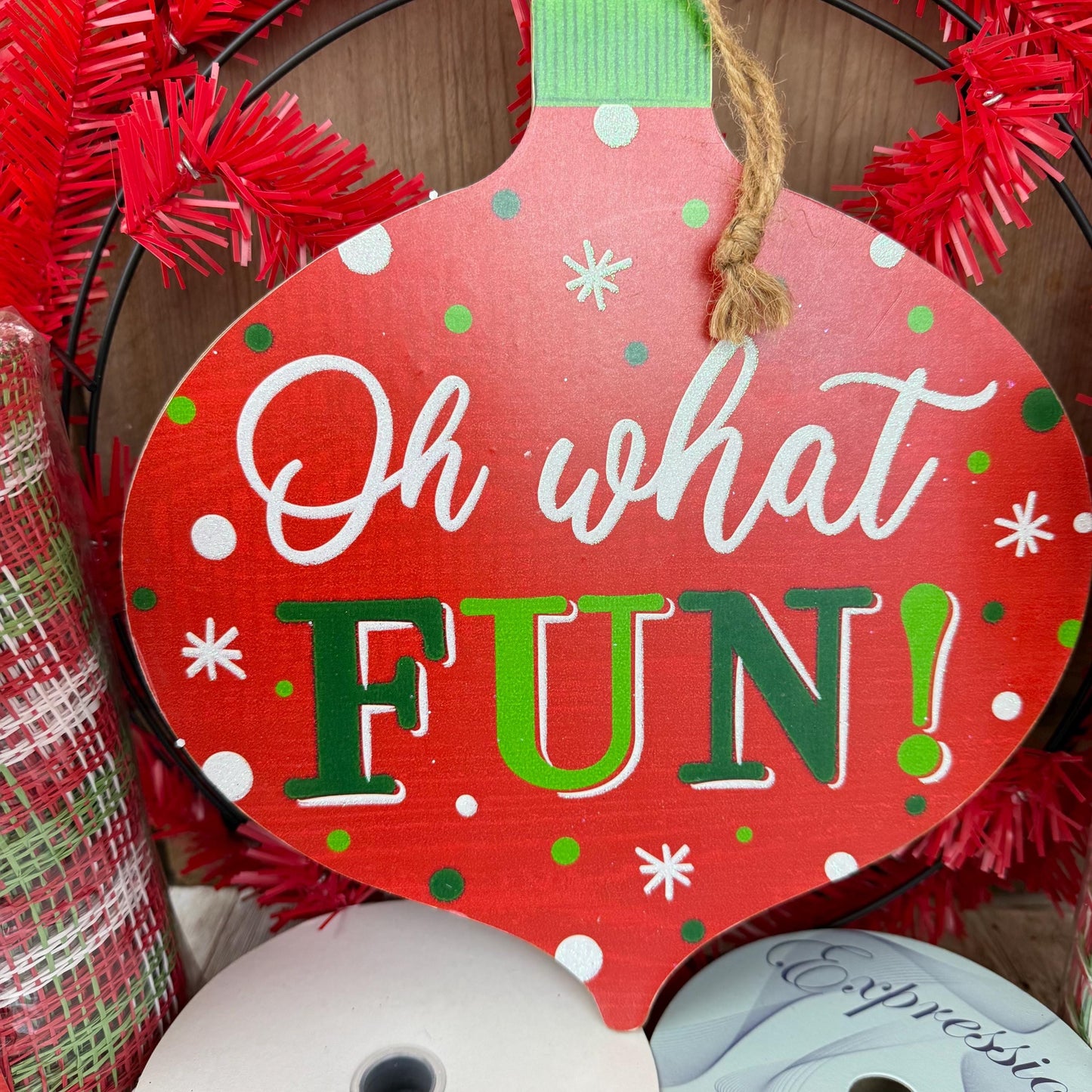 Christmas Wreath Kit, Vintage Ornament Wreath Kit, Do It Yourself Holiday Wreath Kit, Oh What Fun Green Red Ribbon Mesh and Sign Bundle