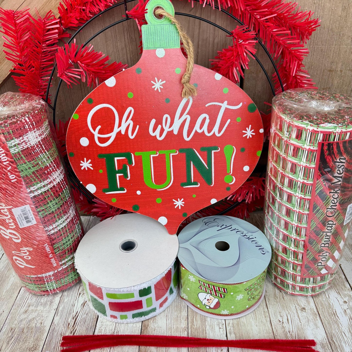 Christmas Wreath Kit, Vintage Ornament Wreath Kit, Do It Yourself Holiday Wreath Kit, Oh What Fun Green Red Ribbon Mesh and Sign Bundle