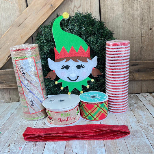 Elf Wreath Kit, Christmas Evergreen Wreath Kit, North Pole Santa’s Elf Wreath Kit, Christmas Red and Green Ribbon Mesh Sign Wreath Bundle