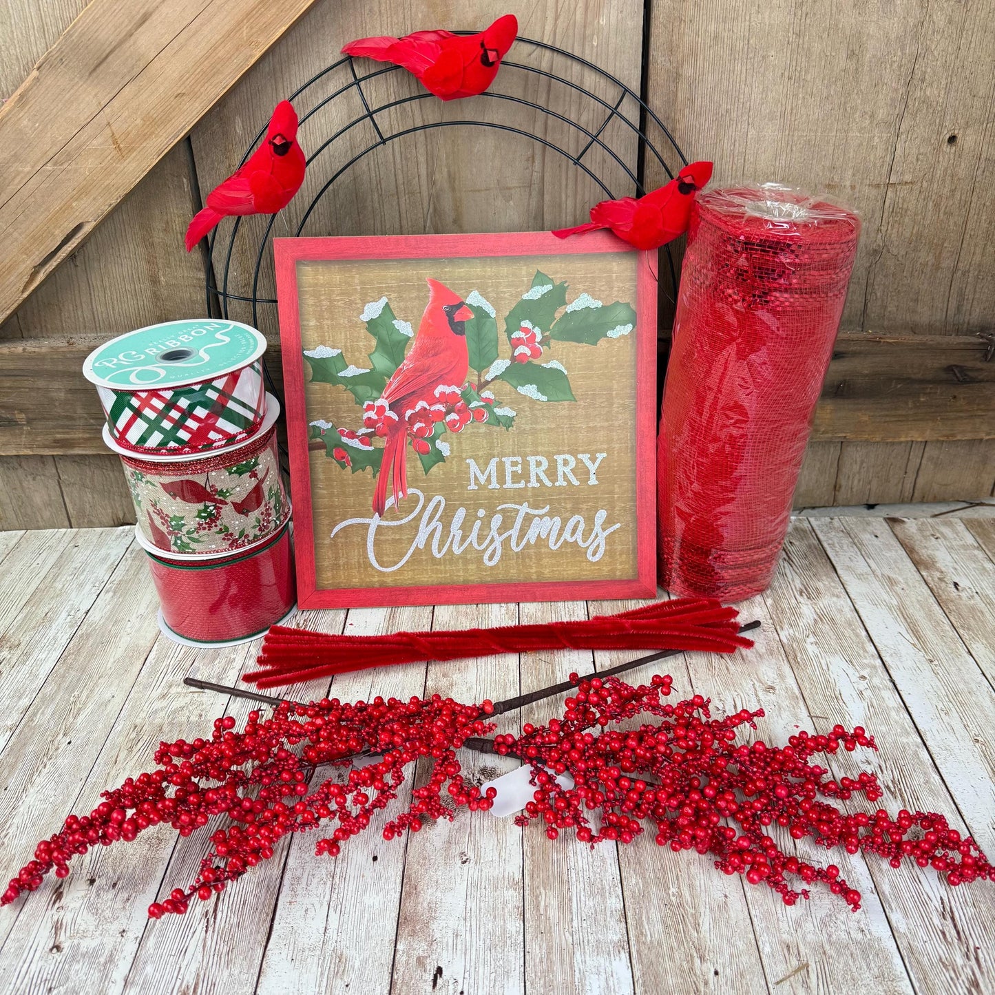 Cardinal Wreath Kit WITH VIDEO, Thin Merry Christmas Wreath Kit, Do It Yourself Holiday Wreath Kit, Rustic Snowy Cardinal Ribbon Mesh Sign