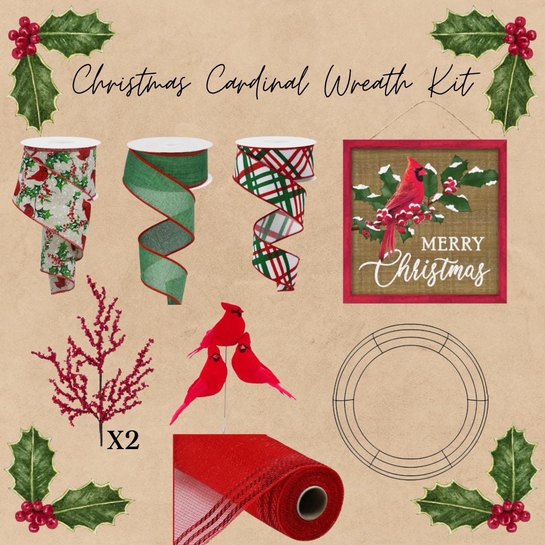 Cardinal Wreath Kit WITH VIDEO, Thin Merry Christmas Wreath Kit, Do It Yourself Holiday Wreath Kit, Rustic Snowy Cardinal Ribbon Mesh Sign