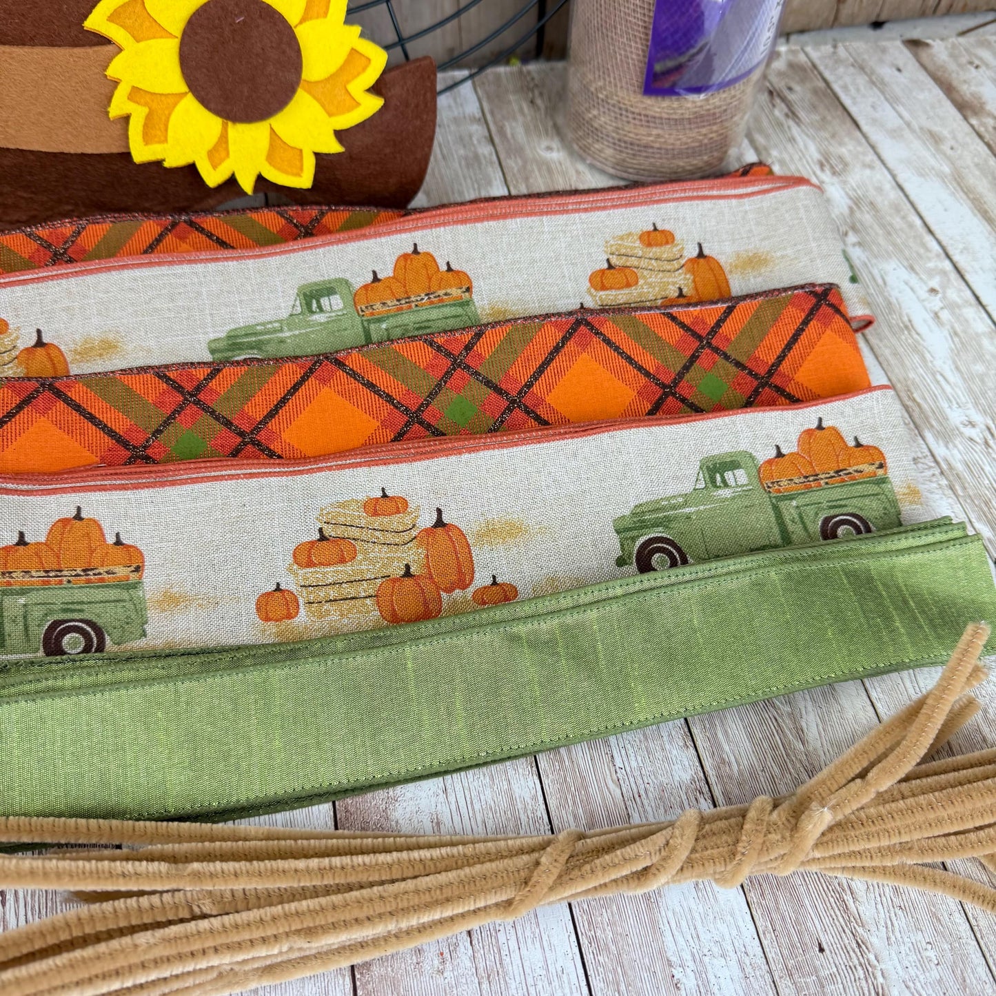 Fall Thin Wreath Kit, Scarecrow Pumpkin Pickup Truck Wreath Kit WITH VIDEO, Orange and Green Fall Pancake Wreath Kit, Fall Ribbon Mesh Kit