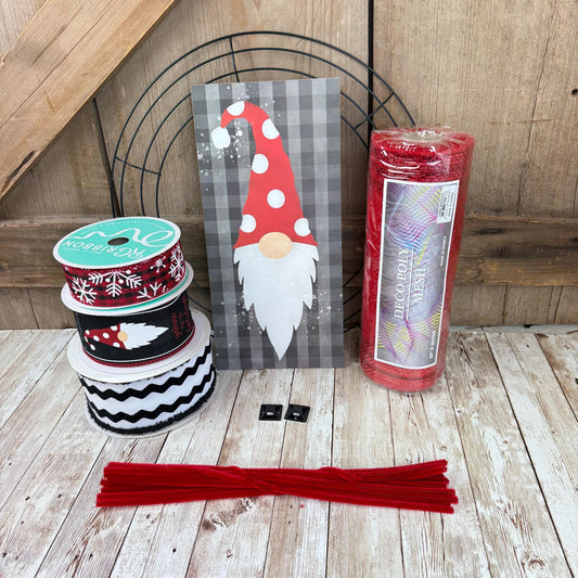 Holiday Wreath Kit, Thin Christmas Gnome Wreath Kit, Do It Yourself Christmas Wreath Kit, Red and Gray Gnome Ribbon Mesh and Sign Bundle