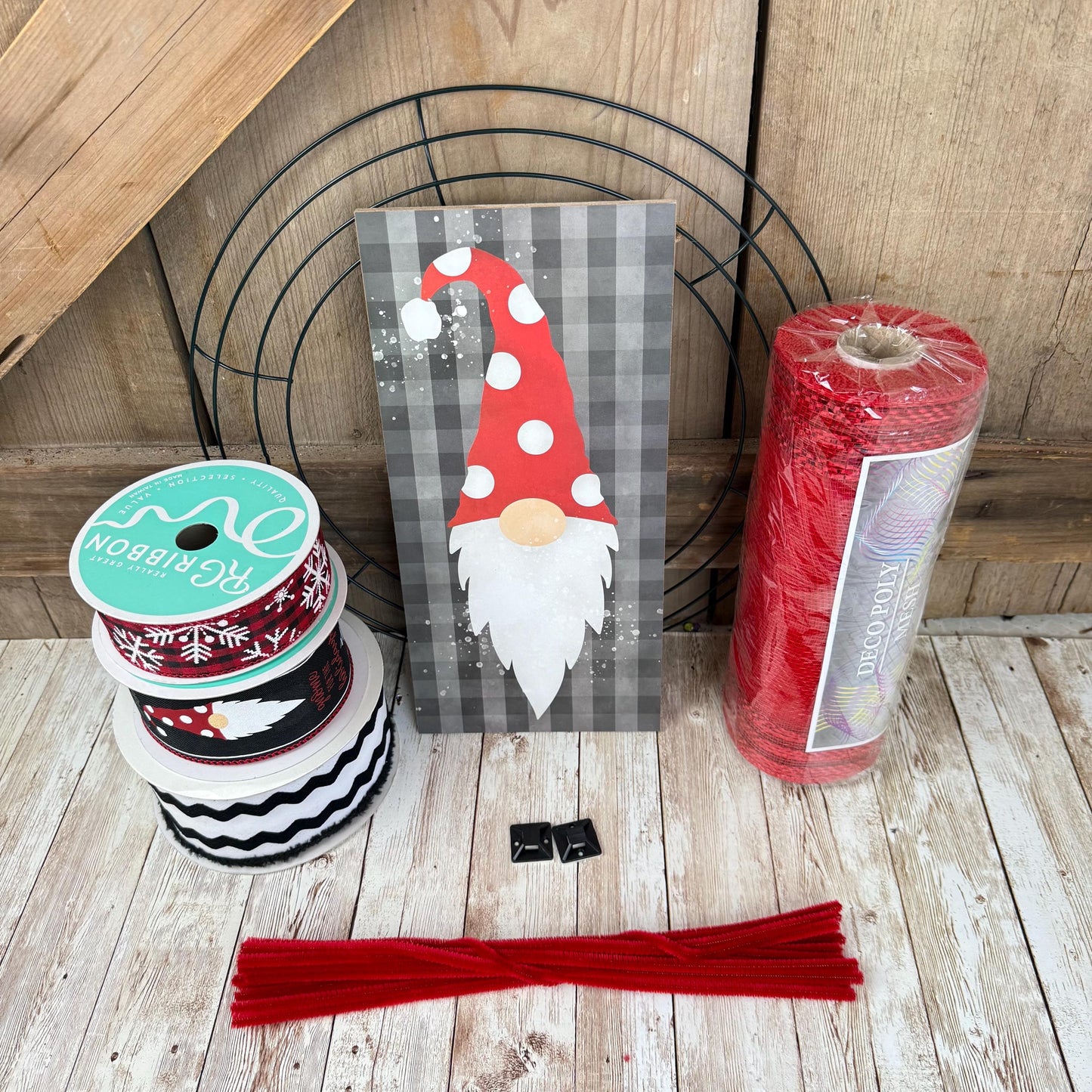 Holiday Wreath Kit, Thin Christmas Gnome Wreath Kit, Do It Yourself Christmas Wreath Kit, Red and Gray Gnome Ribbon Mesh and Sign Bundle