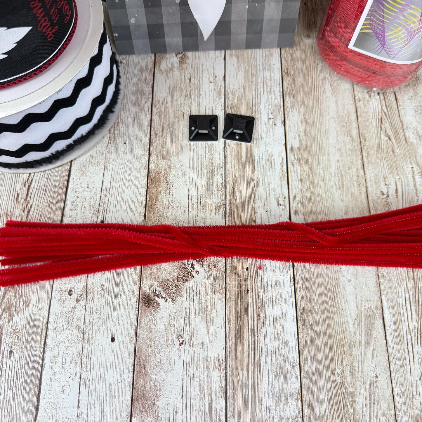 Holiday Wreath Kit, Thin Christmas Gnome Wreath Kit, Do It Yourself Christmas Wreath Kit, Red and Gray Gnome Ribbon Mesh and Sign Bundle