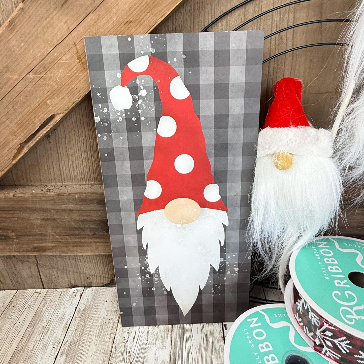 Holiday Wreath Kit, Thin Christmas Gnome Wreath Kit, Do It Yourself Christmas Wreath Kit, Red and Silver Gnome Ribbon Mesh and Sign Bundle