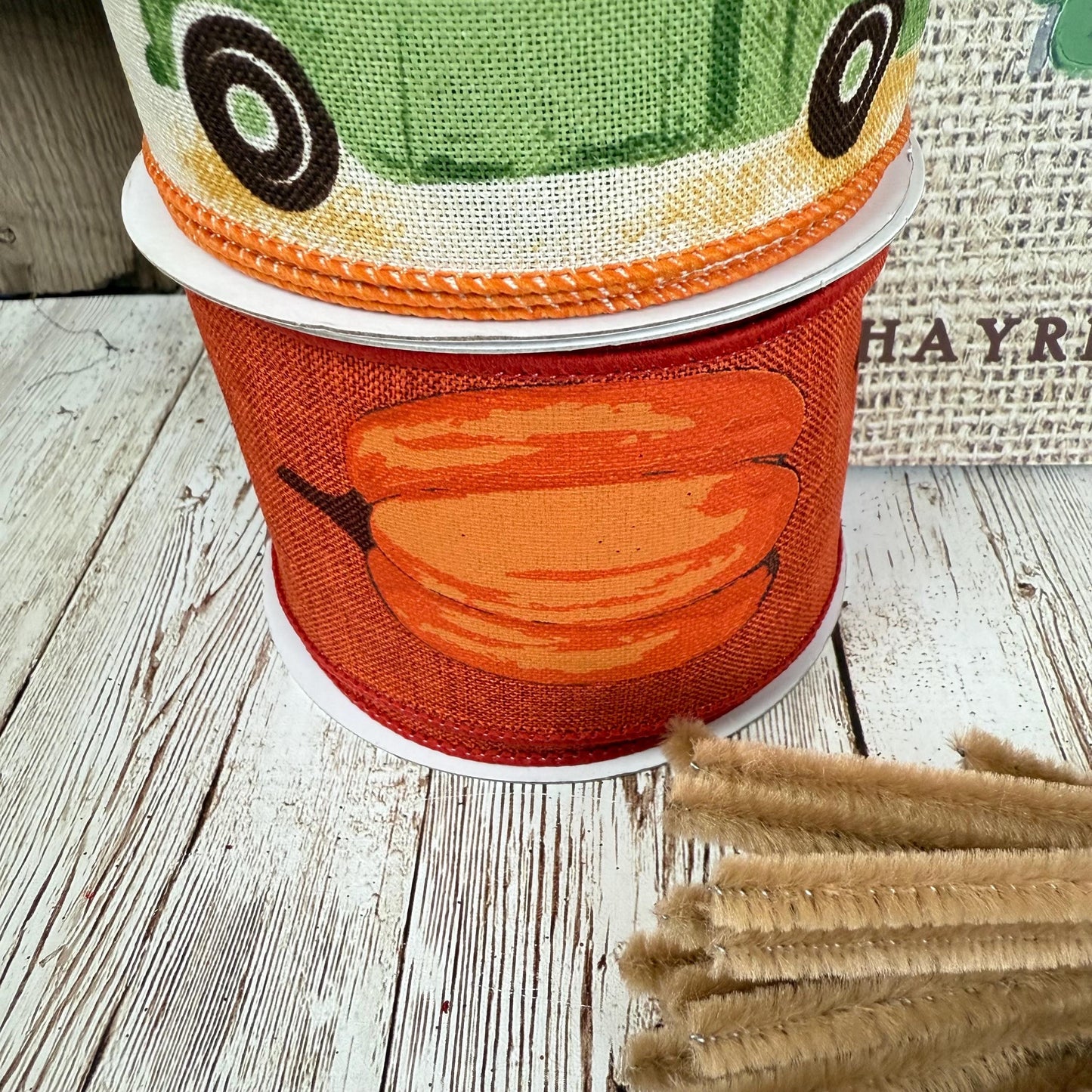 Fall Thin Wreath Kit, Pumpkin Pickup Truck Wreath Kit, Orange and Green Fall Pancake Wreath Kit, Ribbon Mesh and Wreath Frame Kit for Fall