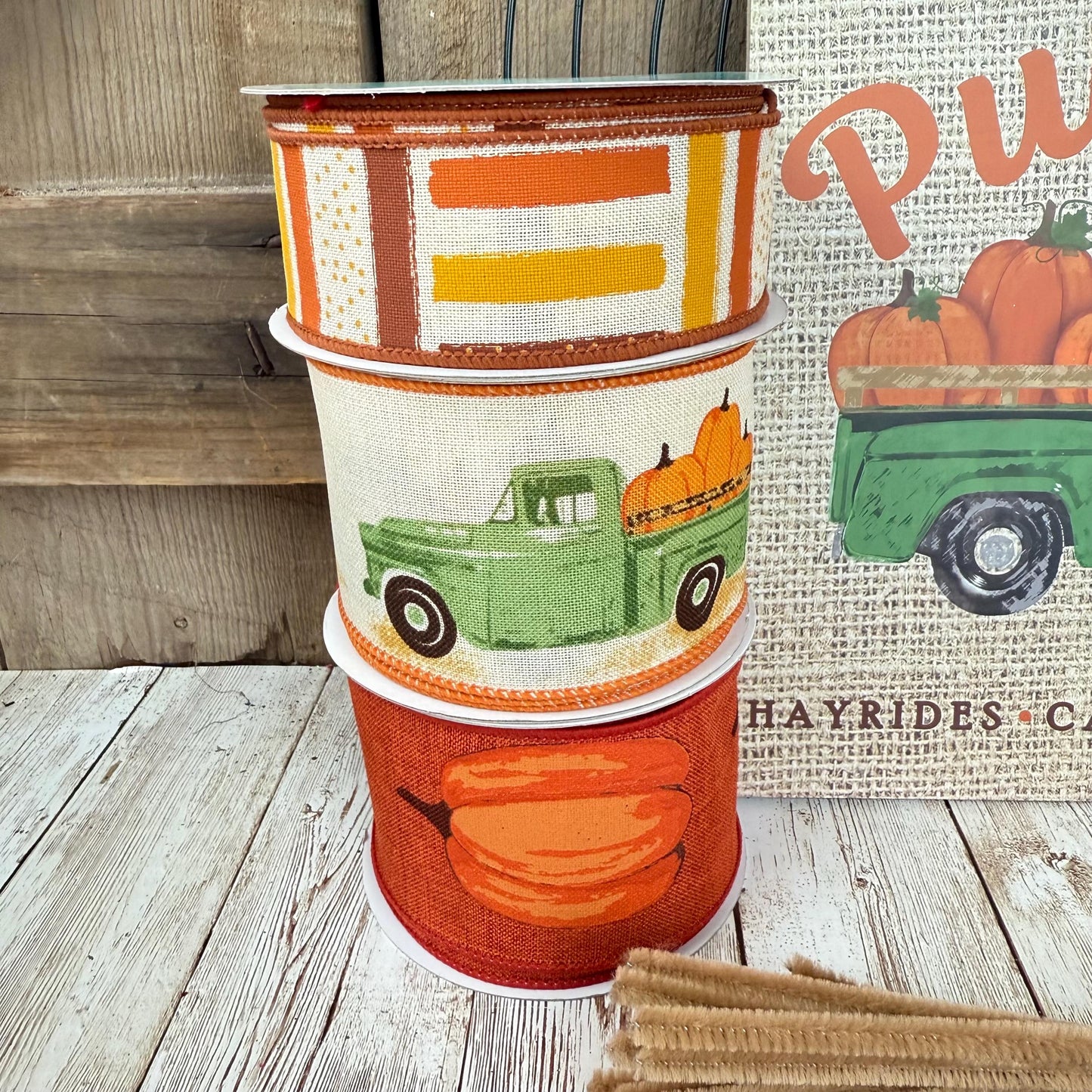 Fall Thin Wreath Kit, Pumpkin Pickup Truck Wreath Kit, Orange and Green Fall Pancake Wreath Kit, Ribbon Mesh and Wreath Frame Kit for Fall