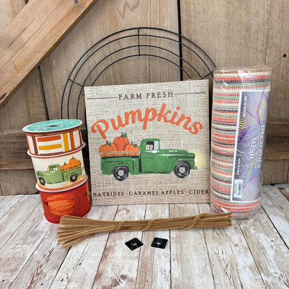 Fall Thin Wreath Kit, Pumpkin Pickup Truck Wreath Kit, Orange and Green Fall Pancake Wreath Kit, Ribbon Mesh and Wreath Frame Kit for Fall
