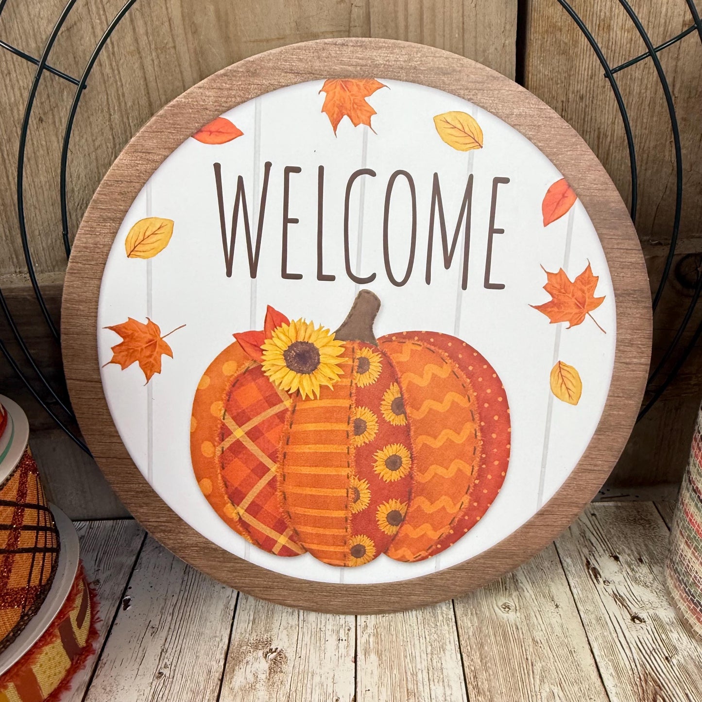 Fall Thin Wreath Kit, Welcome Patchwork Pumpkin Wreath Kit, Orange and Beige Fall Pancake Wreath Kit, Fall Ribbon Mesh and Wreath Frame Kit