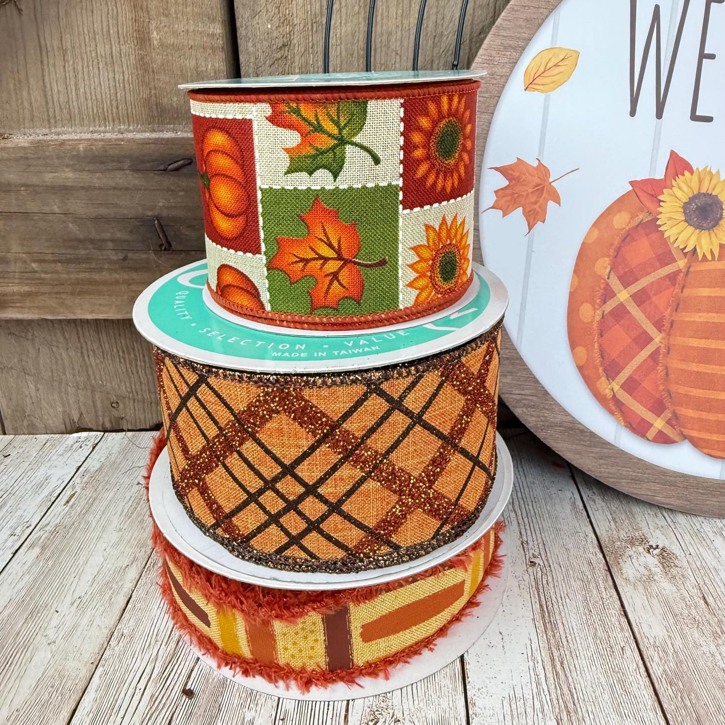 Fall Thin Wreath Kit, Welcome Patchwork Pumpkin Wreath Kit, Orange and Beige Fall Pancake Wreath Kit, Fall Ribbon Mesh and Wreath Frame Kit