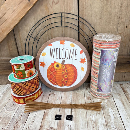 Fall Thin Wreath Kit, Welcome Patchwork Pumpkin Wreath Kit, Orange and Beige Fall Pancake Wreath Kit, Fall Ribbon Mesh and Wreath Frame Kit