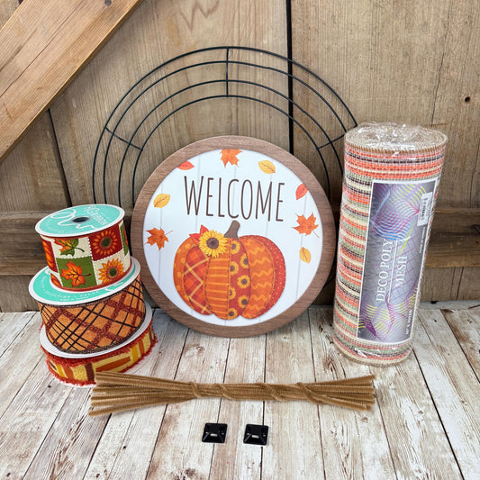 Fall Thin Wreath Kit, Welcome Patchwork Pumpkin Wreath Kit, Orange and Beige Fall Pancake Wreath Kit, Fall Ribbon Mesh and Wreath Frame Kit