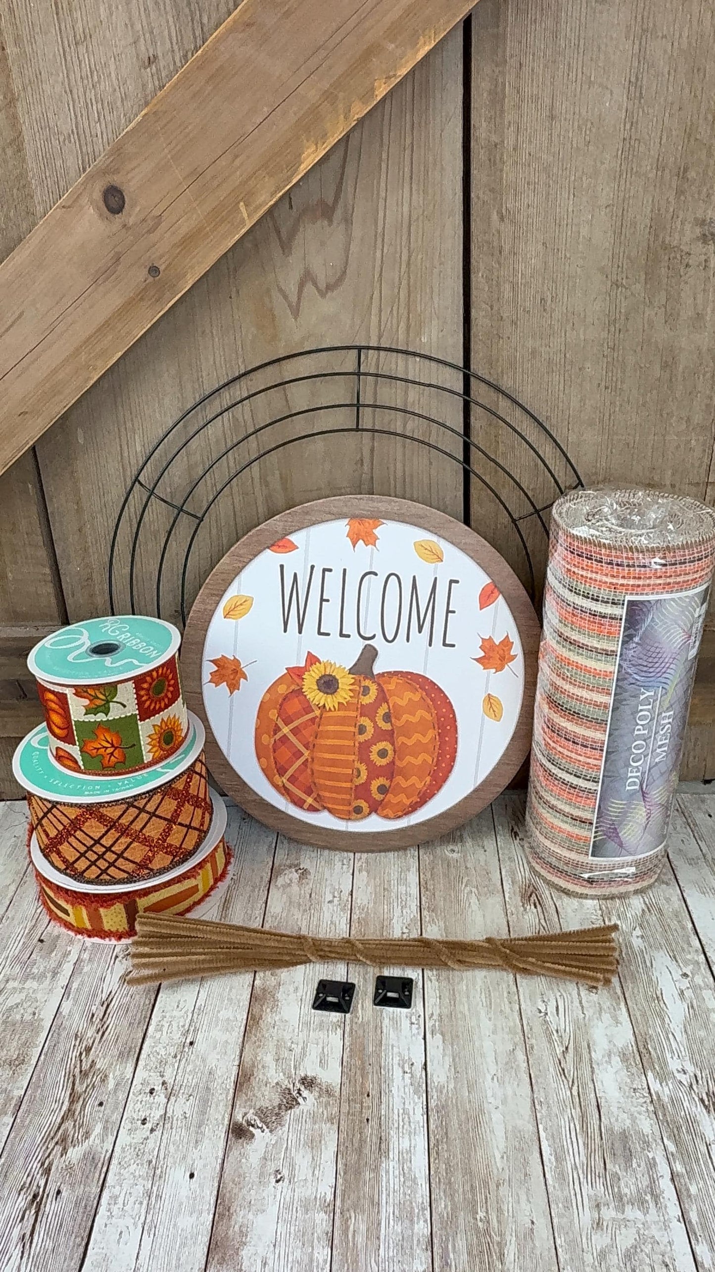 Fall Thin Wreath Kit, Welcome Patchwork Pumpkin Wreath Kit, Orange and Beige Fall Pancake Wreath Kit, Fall Ribbon Mesh and Wreath Frame Kit
