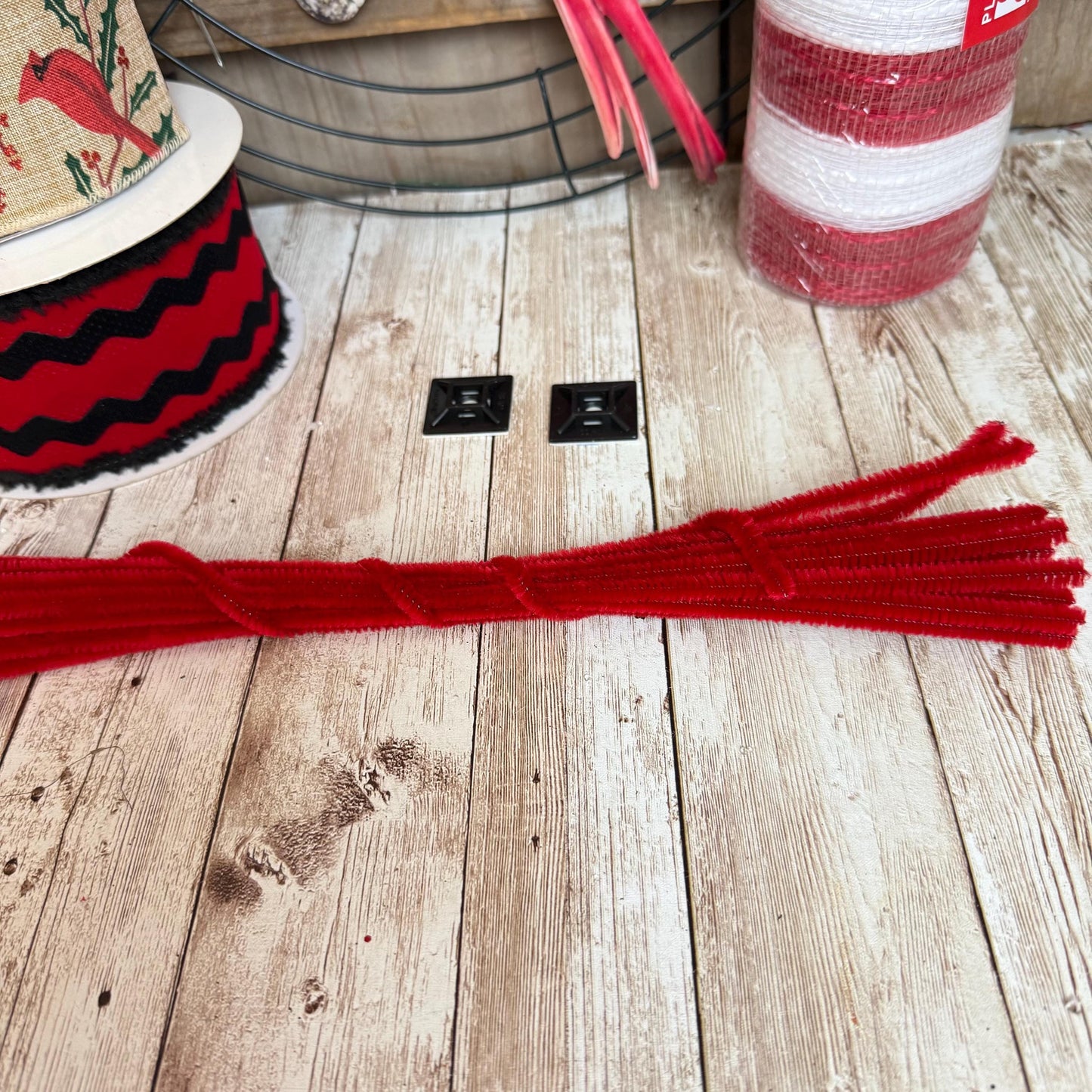 Cardinal Wreath Kit, Thin Rustic Cardinal Wreath Kit, Do It Yourself Holiday Wreath Kit, Embossed Cardinal Sign Ribbon Frame and Mesh Bundle