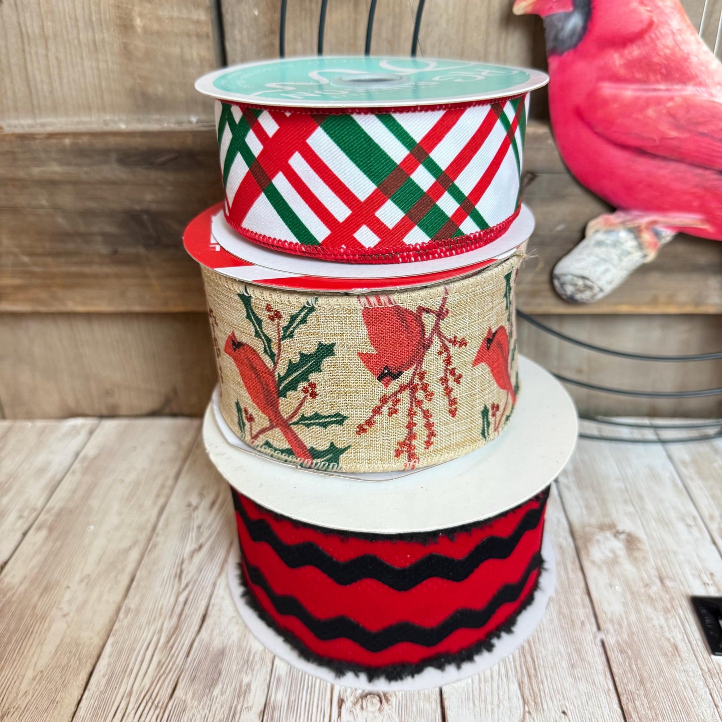 Cardinal Wreath Kit, Thin Rustic Cardinal Wreath Kit, Do It Yourself Holiday Wreath Kit, Embossed Cardinal Sign Ribbon Frame and Mesh Bundle