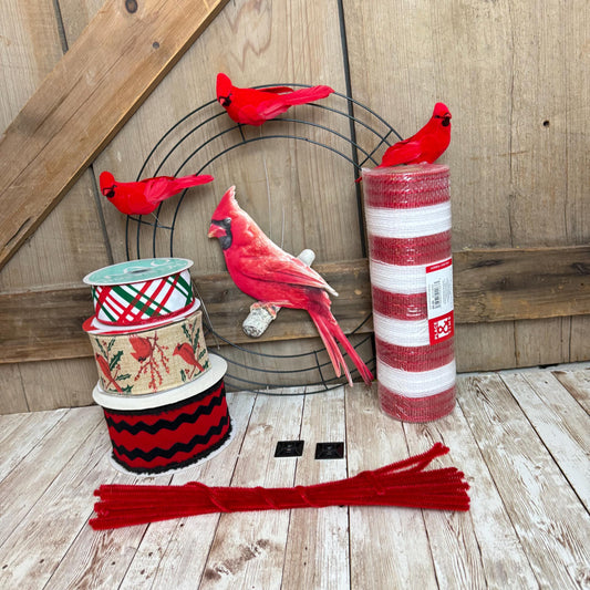 Cardinal Wreath Kit, Thin Rustic Cardinal Wreath Kit, Do It Yourself Holiday Wreath Kit, Embossed Cardinal Sign Ribbon Frame and Mesh Bundle