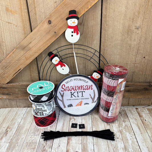 Snowman Wreath Kit, Thin Red and Black Snowman Wreath Kit, Do It Yourself Holiday Wreath Kit, Winter Sign Ribbon Frame and Mesh Bundle Kit