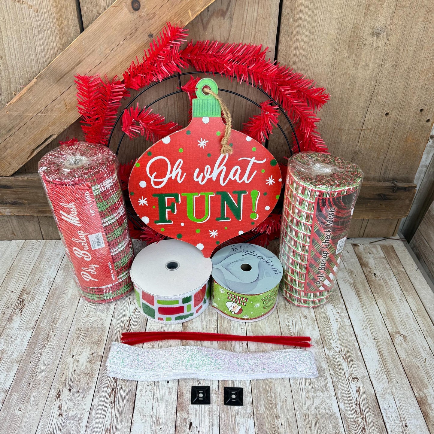 Christmas Wreath Kit, Vintage Ornament Wreath Kit, Do It Yourself Holiday Wreath Kit, Oh What Fun Green Red Ribbon Mesh and Sign Bundle