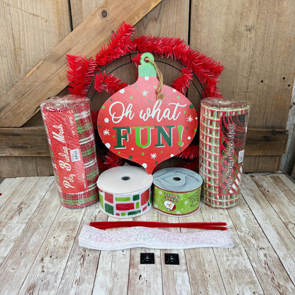 Christmas Wreath Kit, Vintage Ornament Wreath Kit, Do It Yourself Holiday Wreath Kit, Oh What Fun Green Red Ribbon Mesh and Sign Bundle