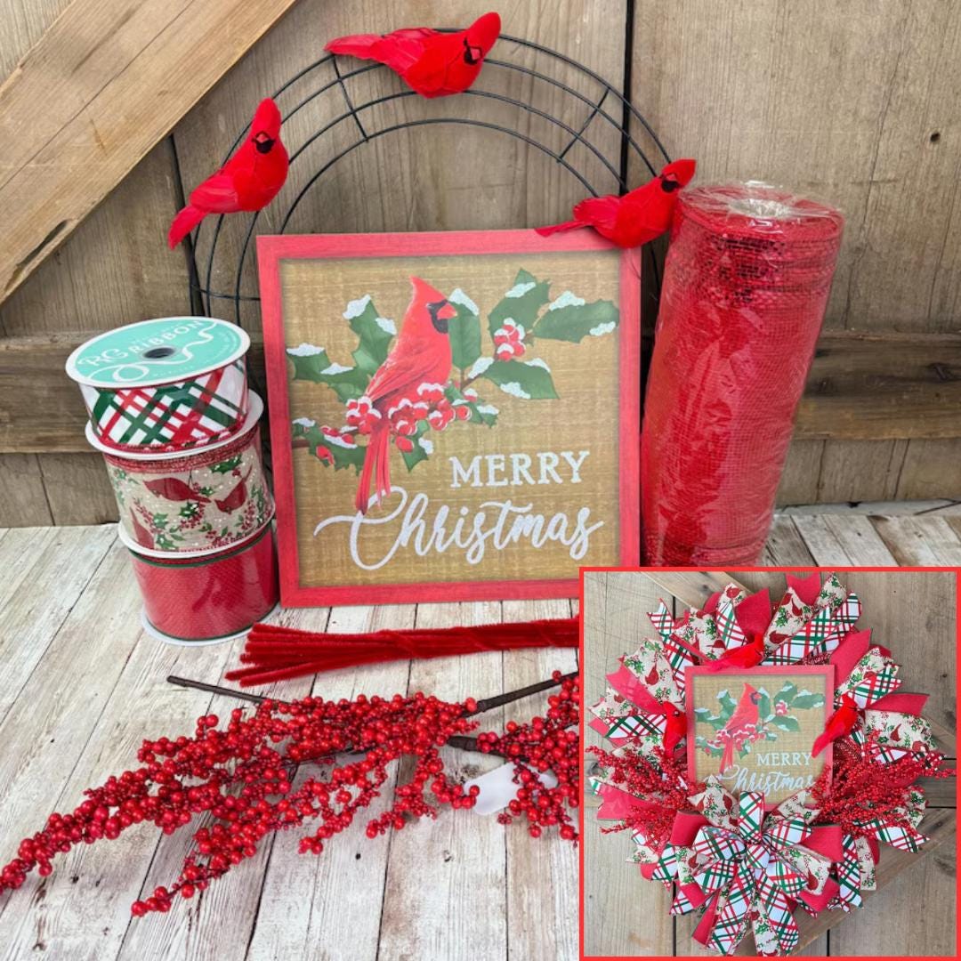 Cardinal Wreath Kit WITH VIDEO, Thin Merry Christmas Wreath Kit, Do It Yourself Holiday Wreath Kit, Rustic Snowy Cardinal Ribbon Mesh Sign