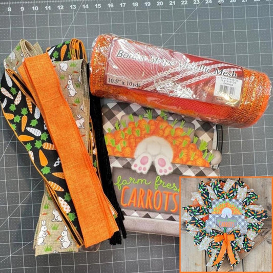 Easter Wreath Kit, Thin Easter Bunny and Carrot Truck Wreath Kit WITH VIDEO, DIY Wall or Door Decor, Easter Sign Mesh and Ribbon Bundle