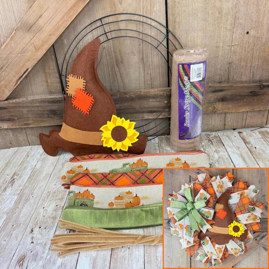 Fall Thin Wreath Kit, Scarecrow Pumpkin Pickup Truck Wreath Kit WITH VIDEO, Orange and Green Fall Pancake Wreath Kit, Fall Ribbon Mesh Kit