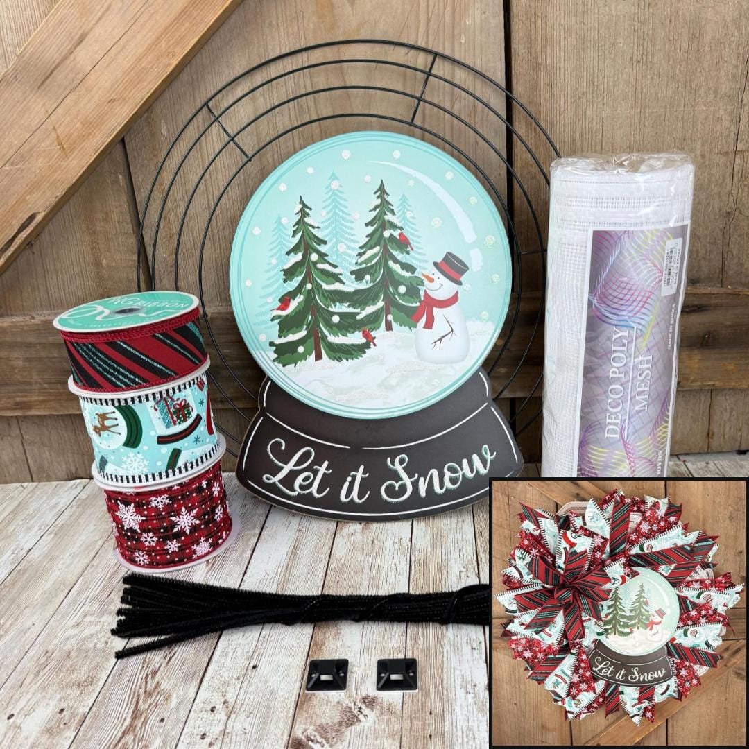 Let It Snow Christmas Wreath Kit WITH VIDEO: Ice Blue Snowglobe and Snowflake Ribbon - DIY