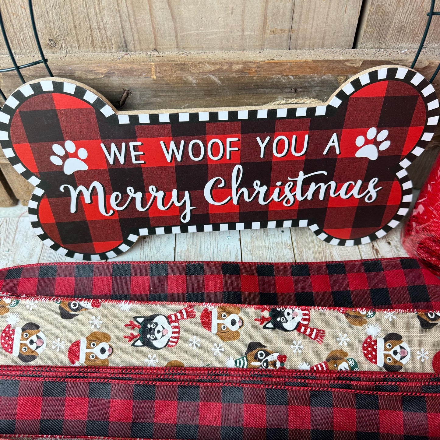 Holiday Wreath Kit, Thin Festive Dog Wreath Kit, We Woof You a Merry Christmas Wreath Kit, Xmas Pet Ribbon Mesh Sign Bundle, Dog Themed Gift