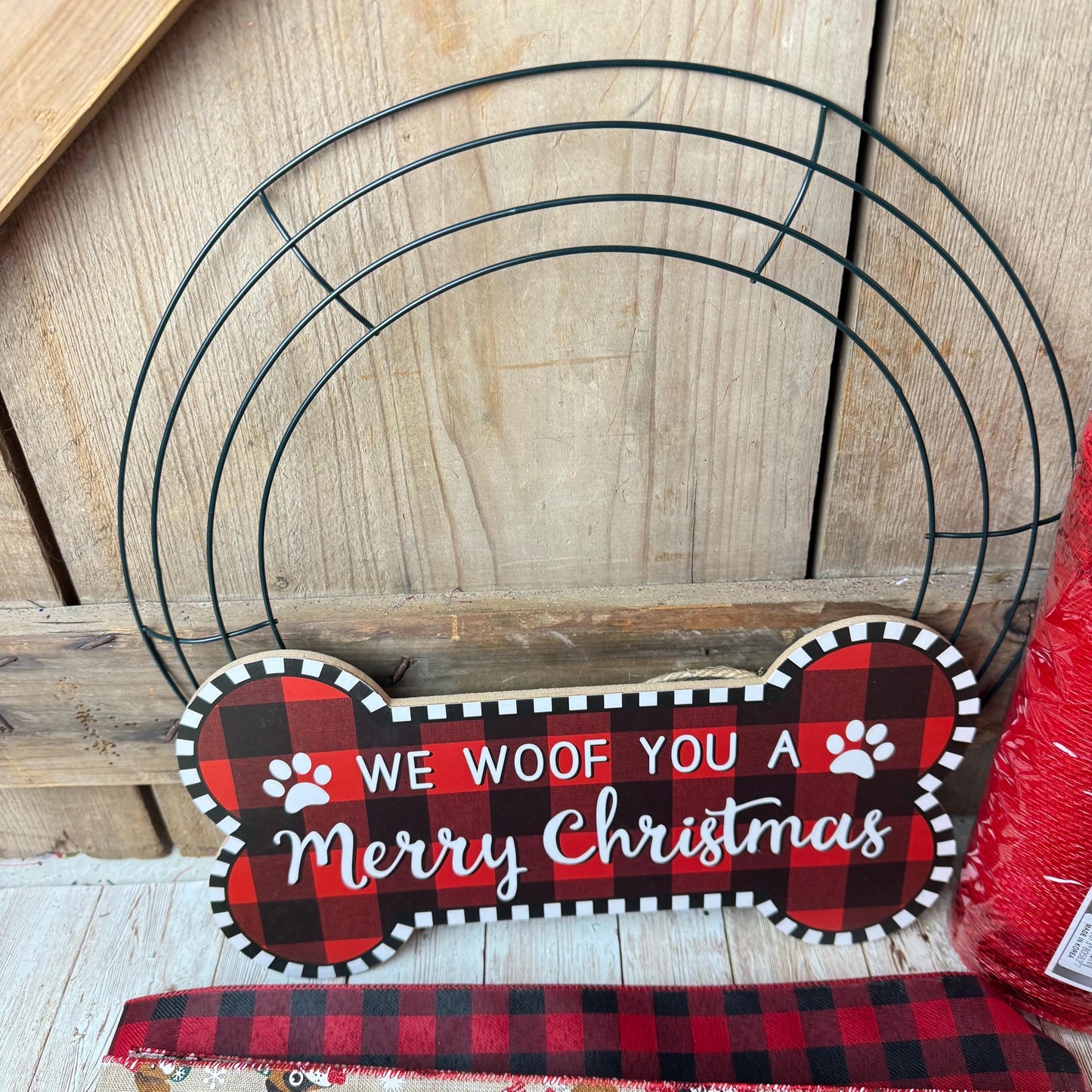 Holiday Wreath Kit, Thin Festive Dog Wreath Kit, We Woof You a Merry Christmas Wreath Kit, Xmas Pet Ribbon Mesh Sign Bundle, Dog Themed Gift