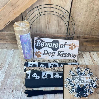 Dog Wreath Kit WITH VIDEO: DIY Beige Mesh, "Beware of Dog Kisses" Sign