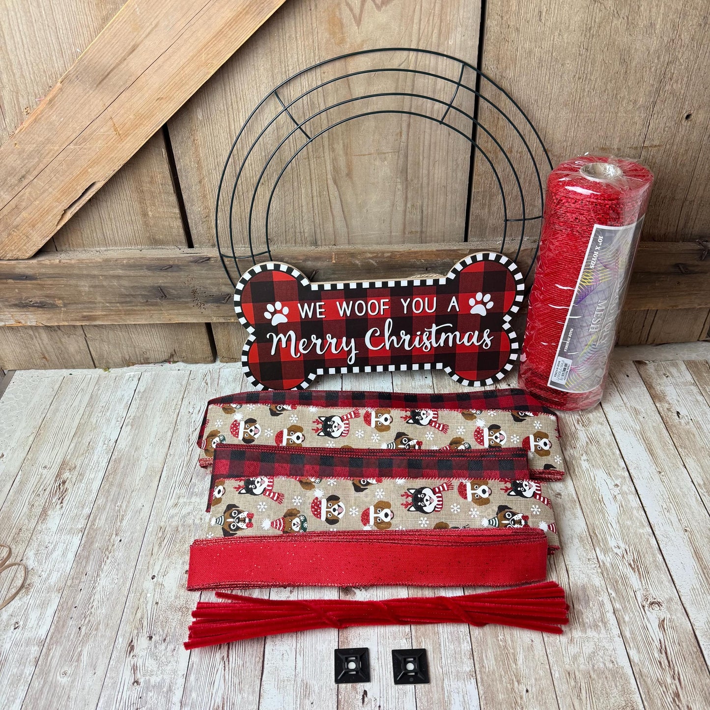Holiday Wreath Kit, Thin Festive Dog Wreath Kit, We Woof You a Merry Christmas Wreath Kit, Xmas Pet Ribbon Mesh Sign Bundle, Dog Themed Gift