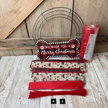 Holiday Wreath Kit, Thin Festive Dog Wreath Kit, We Woof You a Merry Christmas Wreath Kit, Xmas Pet Ribbon Mesh Sign Bundle, Dog Themed Gift