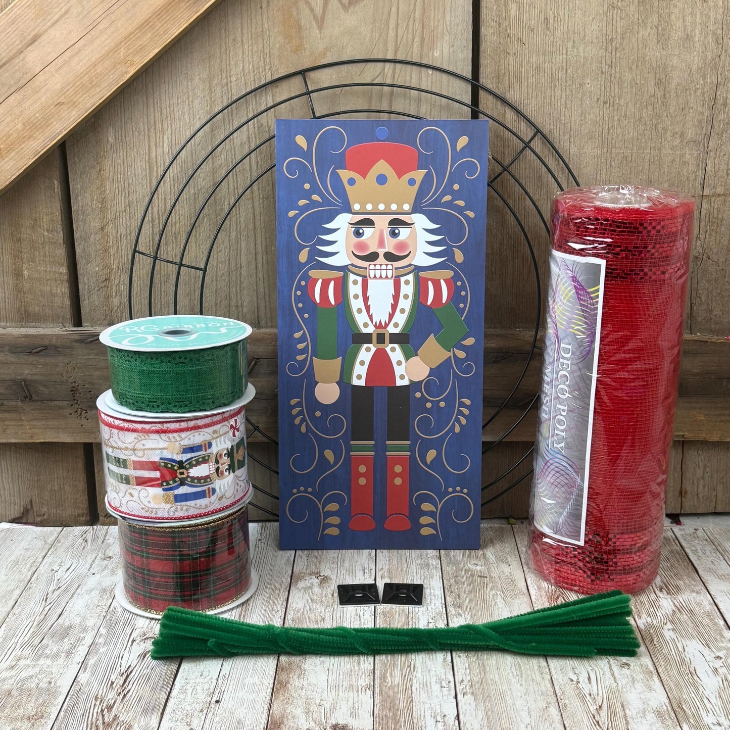 Nutcracker Wreath Kit, Thin Wreath Kit for Storm Door, Christmas DIY Decor, Holiday Front Door Decoration, Nutcracker Soldier Sign & Ribbon