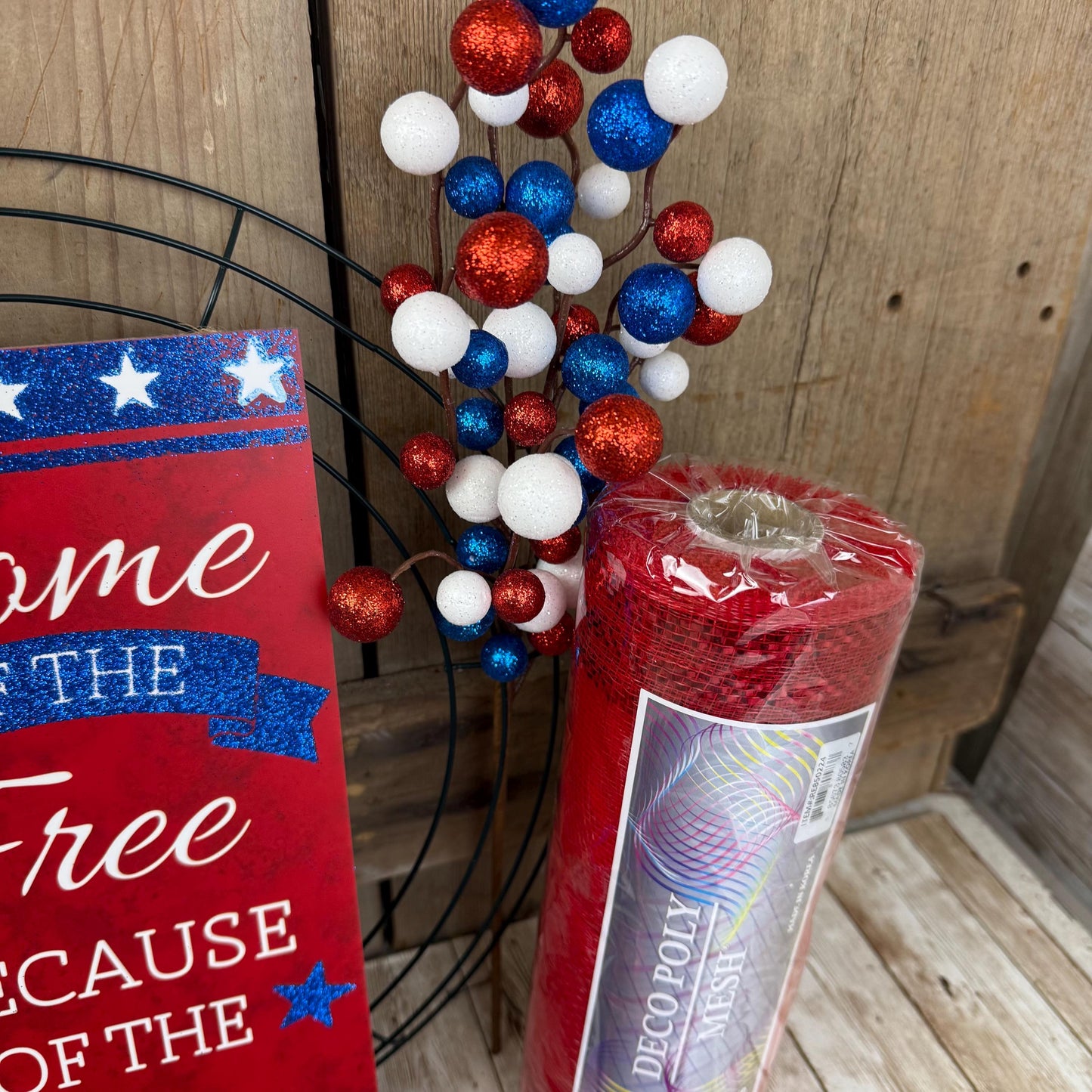 Patriotic Wreath Kit, Thin Red White and Blue Wreath Kit, Do It Yourself Fourth of July Wreath Kit, Memorial Day Ribbon Mesh and Sign Bundle